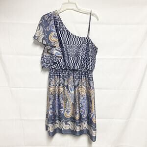Teeze Me Vintage Y2K One Shoulder Paisley Blue & Golden Midi Dress Size Medium